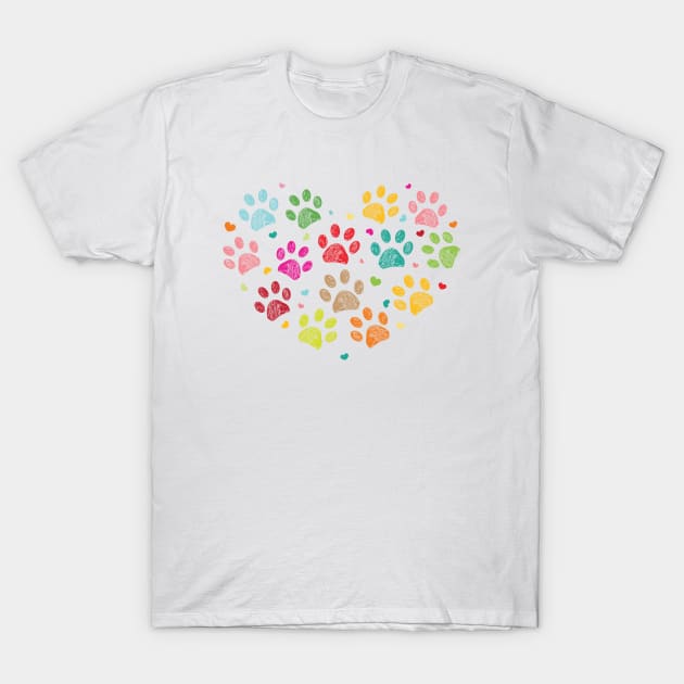 Colorful doodle dog paw print made of heart T-Shirt by GULSENGUNEL